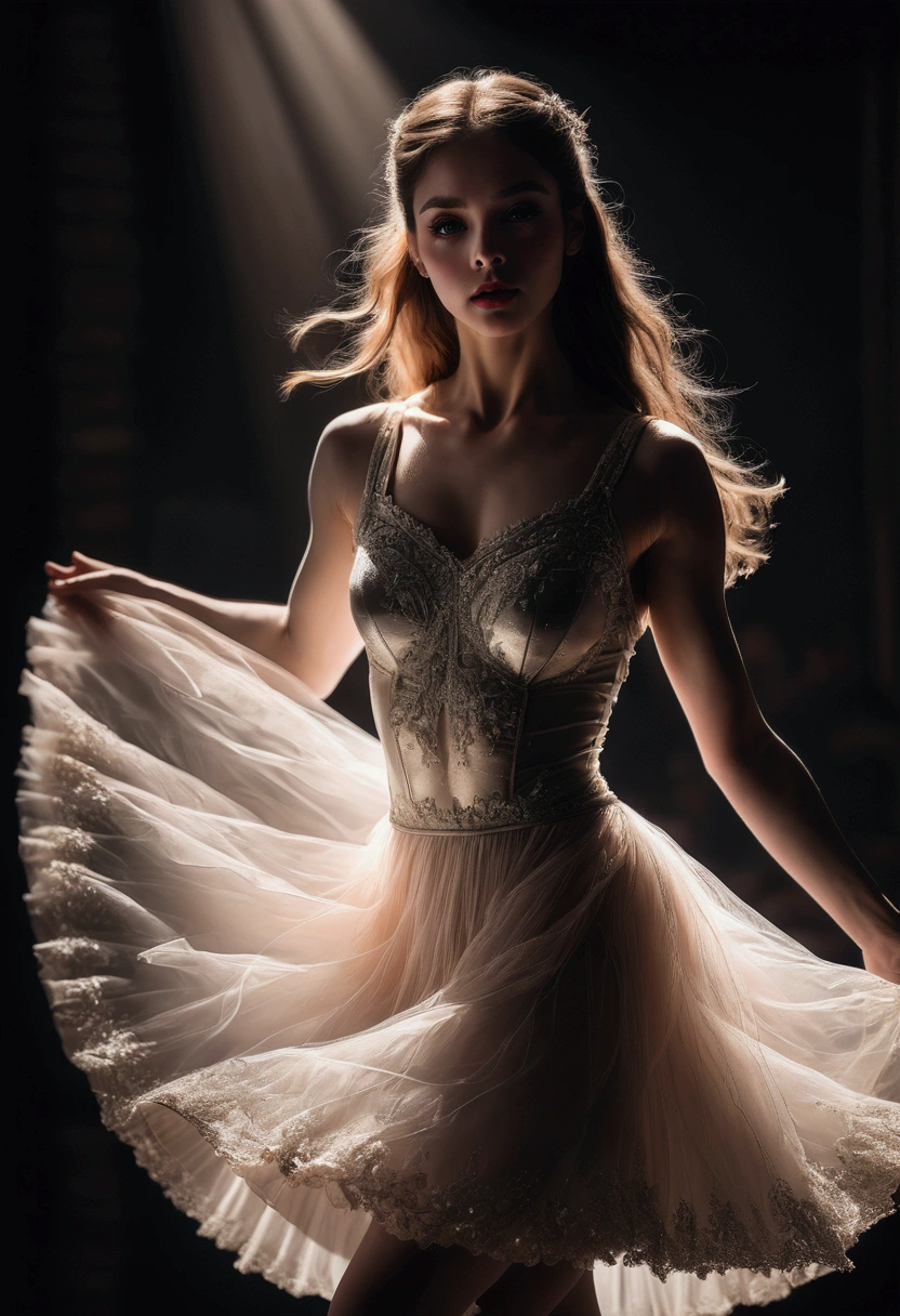1girl, Dancer, a stunning ballerina dancing gracefully on stage, beautiful detailed eyes, beautiful detailed lips, extremely detailed face and body, long eyelashes, elegant ballet pose, white tutu dress, pointe shoes, flowing hair, dramatic lighting, dramatic cinematic camera angle, cinematic composition, chiaroscuro lighting, dramatic shadows, 8k, masterpiece, best quality, very aesthetic, absurdres