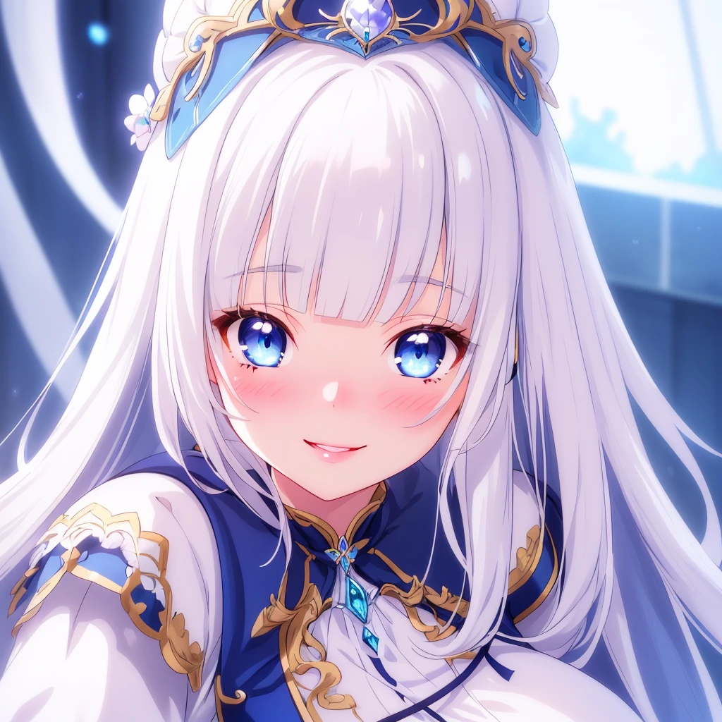 cute petit 1girl, beautiful detailed eyes, beautiful detailed lips, extremely detailed face and skin, long hair, straight hair,white hair, blunt bangs, large breasts, blushing, smiling, blue eyes, overhead view, intricate details, high quality, masterpiece, photorealistic, cinematic lighting, vibrant colors, atmospheric, delicate, graceful, headphones, cap