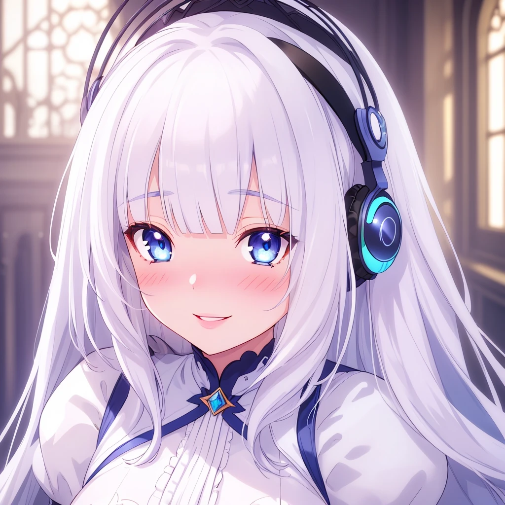cute petit 1girl, beautiful detailed eyes, beautiful detailed lips, extremely detailed face and skin, long hair, straight hair,white hair, blunt bangs, large breasts, blushing, smiling, blue eyes, overhead view, intricate details, high quality, masterpiece, photorealistic, cinematic lighting, vibrant colors, atmospheric, delicate, graceful, headphones, cap