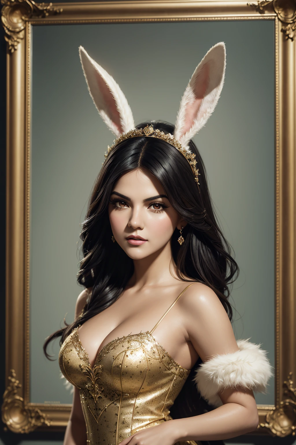portrait Maite Perroni, wearing bunny costume, against the background of a mirror, character portrait, 4 3 9 0 s, long hair, intricate, elegant, highly detailed, digital painting, artstation, concept art, smooth, sharp focus, illustration, art by wlop, charlie bowater and alexandra fomina, 36k, glittering, shining