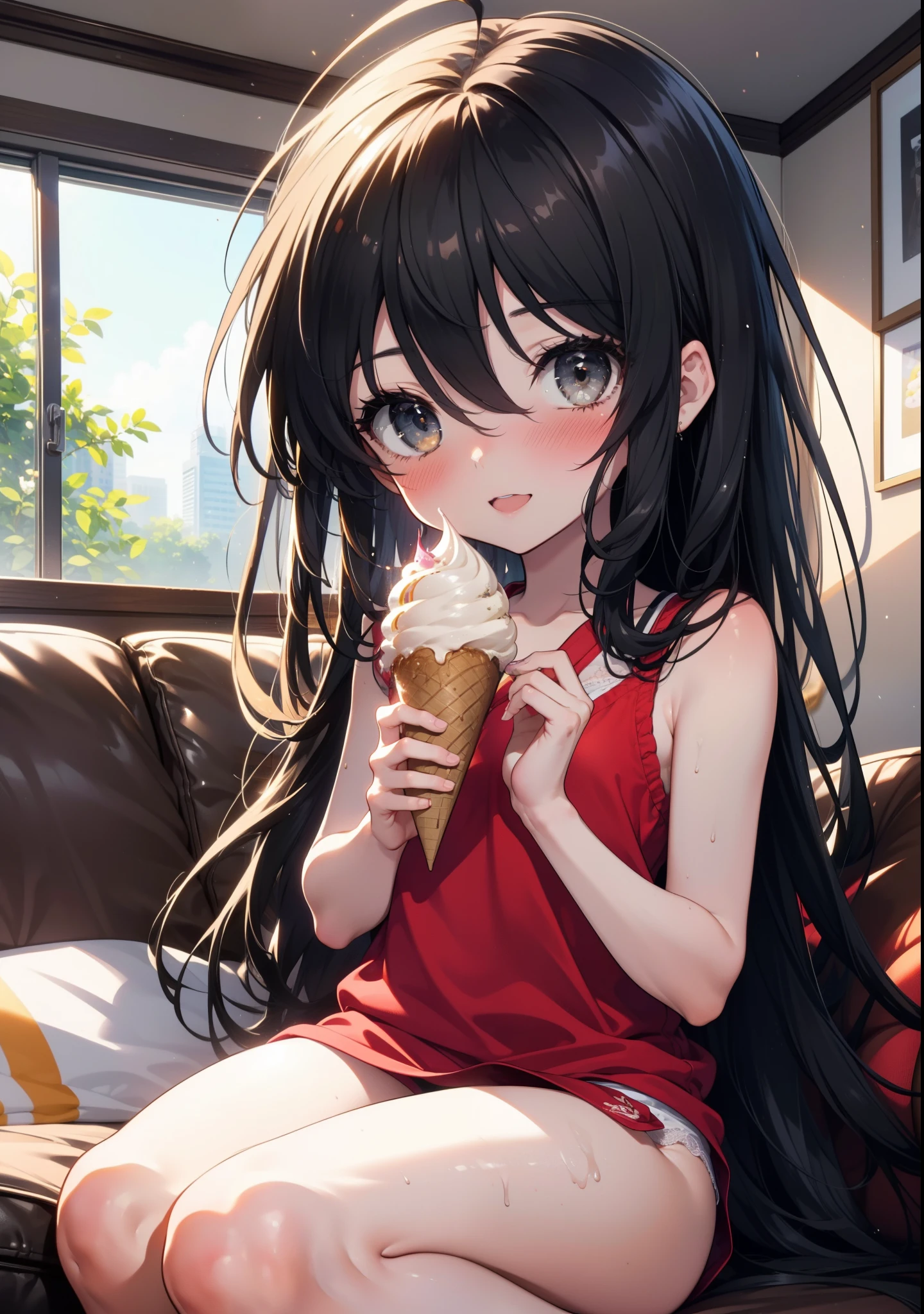 Shana,灼眼のShana,Long Hair, Black Hair, Black eyes, Ahoge,smile,blush,Open your mouth,Red Tank Top,Black string underwear,barefoot,Holding ice cream in both hands,Sitting on the sofa,Daytime,Clear skies,whole bodyがイラストに入るように,　　　　　　　　　　　　　　break indoors, room, 　　　　　　　　　　　　　break looking at viewer, whole body, 　　　　　　　　break (masterpiece:1.2), Highest quality, High resolution, unity 8k wallpaper, (shape:0.8), (Beautiful attention to detail:1.6), Highly detailed face, Perfect lighting, Extremely detailed CG, (Perfect hands, Perfect Anatomy),