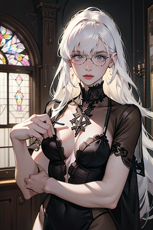 Cute 18 yo (albino:1.4)woman of Slavic descent.(short:1.1), long white hair, gray eyes, ((very pale:1.4)). Innocent look. Gentle spirit.(virgin), Eyeglasses, mascara,((black sheer lace lingerie and stocking)),(joy),(love), candle lit room, special night.(aroused),Masterpiece, best quality,(highly detailed:1.2),(detailed face and eyes:1.2), 8k wallpaper, depth of field, natural lighting. core shadows, high contrast, bokeh.(rule of thirds), cinematic, atmospheric, contrast, intricate