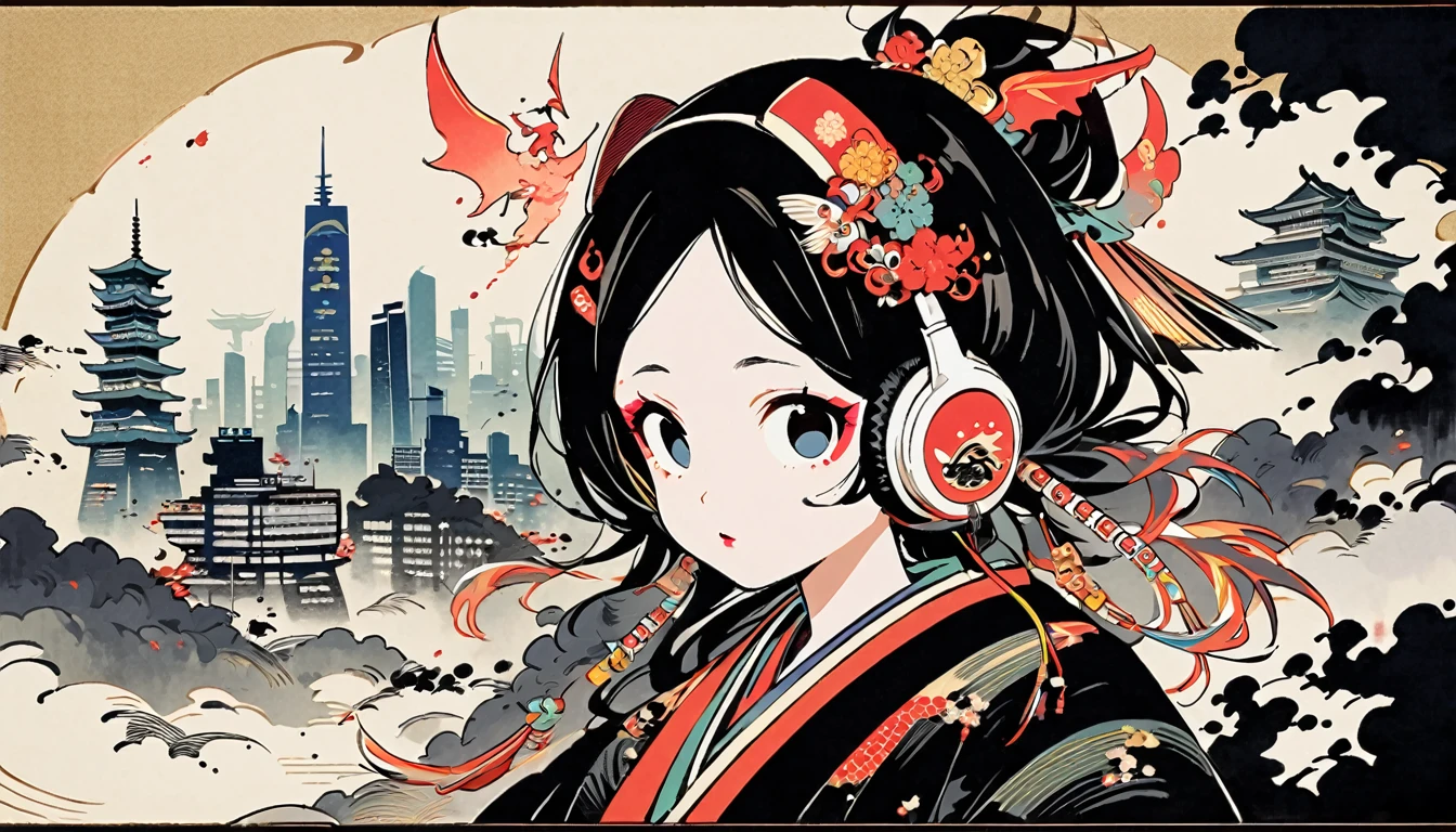(((Ink Painting))), (((cyber city))), (((1 girl))), (((whole body))), (((Very flashy hair accessories))), (((Very flashy makeup))), Japanese style headphones, devil, front view, Japan人の美少女, Black Hair, Delicate and precise, Modern ukiyo-e style,Japan, Droopy eyes, round face