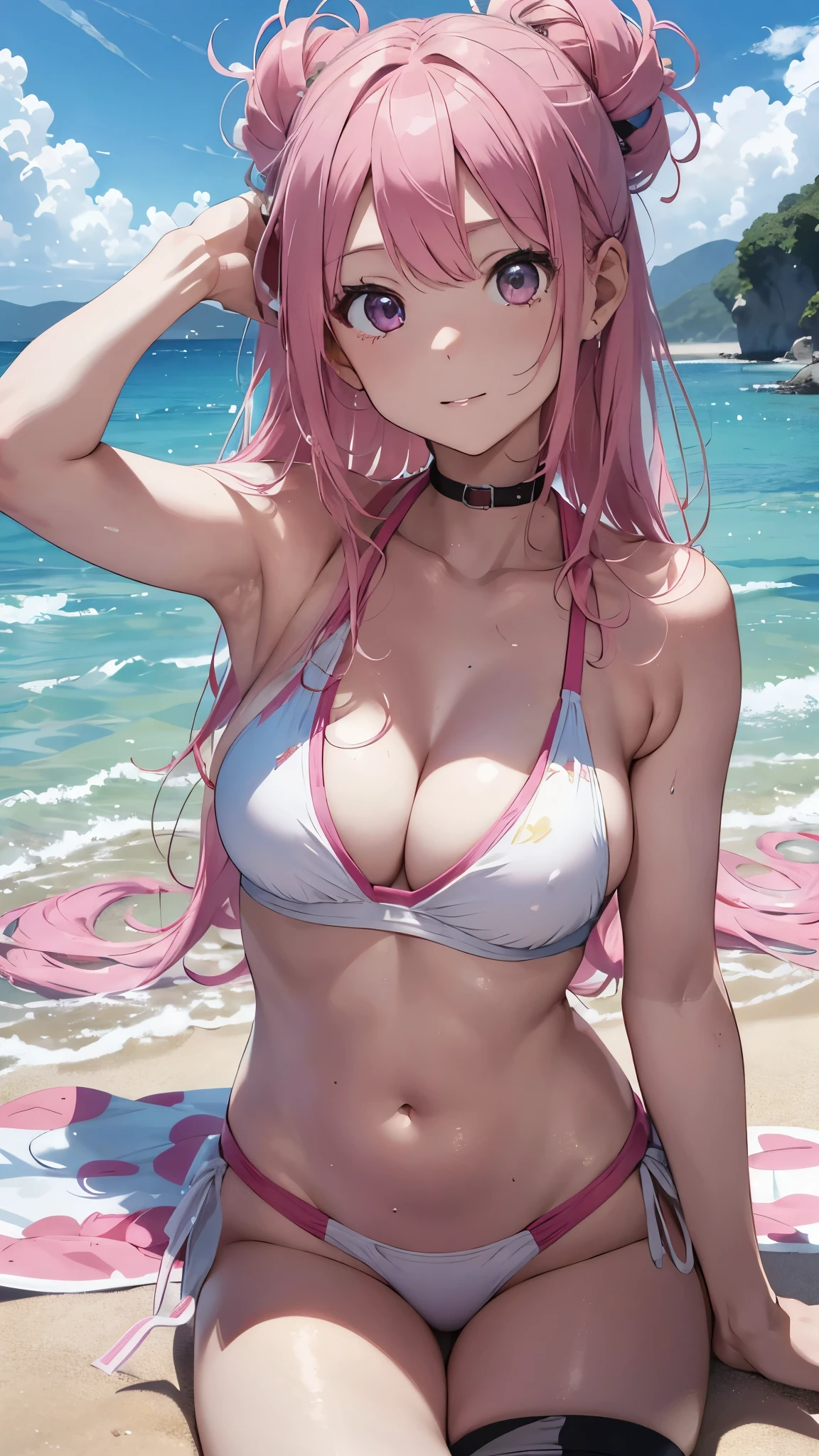 ((Masterpiece, super high definition, ultra high definition, 8K picture quality)), Realistic, (((((one beautiful Girls))))), (((pink long hair bangs bangs))), (((blue eyes))), (((Wearing pink Micro Bikini and thong))), (((very large breasts))), natural Smiling, summer beach
