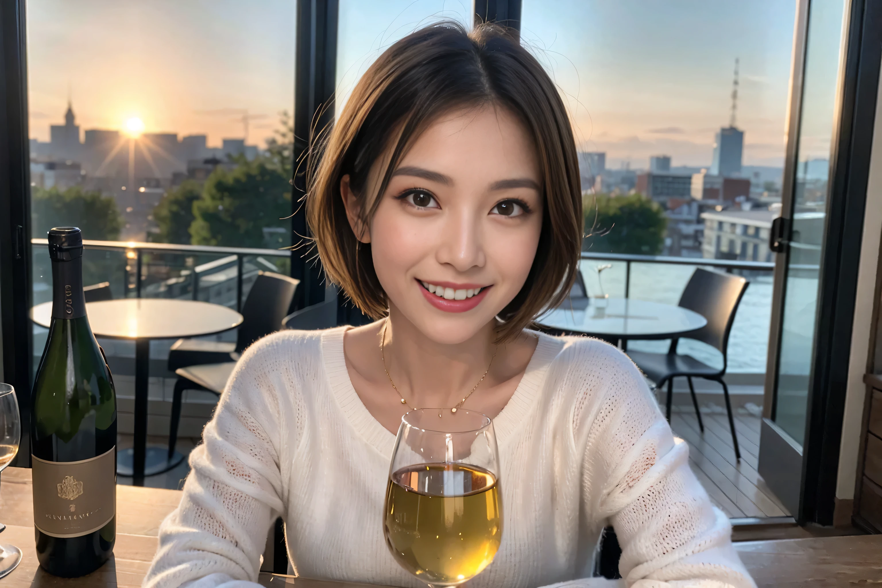 （Realistic:1.1）,(masterpiece,Highest quality)，8k,(49 years old), 50 years old, ベリーslimボディ、slimカップル、Tight waist,Upper Body,full-course dinner、wine 、Amazing view of the sunset sky and clouds、Perfect Anatomy, Brown Hair, short hair,Random Hairstyles,((Highly detailed face and eyes:1.2))，Perfect golden ratio face，Long sleeve shirt、dress,(smile:1.2)、Shortcuts、cute、(Realistic, Intricate details:1.2), A bright smile、short hair,Bright Face、赤wine 、Appetizers、Italian food、wine bottle、Champagne、スパークリングwine、(slimな顔), (The body is slim), (Brown Hair), (Shortcuts),  Upper Body, 白wine, slim, wineグラス, 