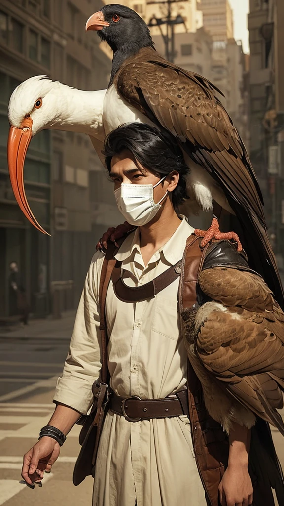 Cartoon of a man carrying a large bird on his shoulder, Concept Art:Kamisaka Sekka, tumbler, creation, Great character design, Interesting character designs, Connect Mask, Official character art, JC Leyendecker and Sachin Teng, anthropomorphic bird, kazuma kaneko, Demizu Posuka