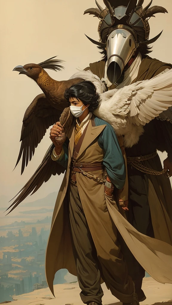 Cartoon of a man carrying a large bird on his shoulder, Concept Art:Kamisaka Sekka, tumbler, creation, Great character design, Interesting character designs, Connect Mask, Official character art, JC Leyendecker and Sachin Teng, anthropomorphic bird, kazuma kaneko, Demizu Posuka