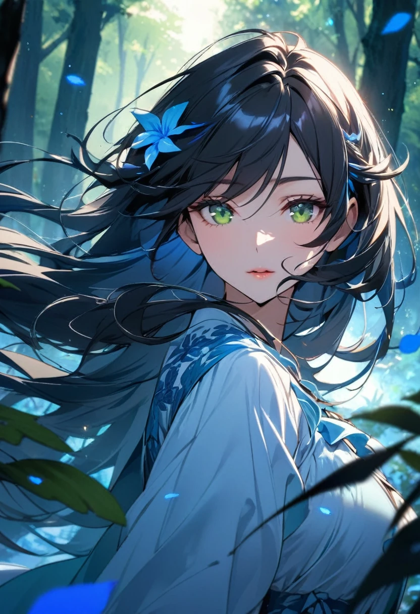 girl, black hair, long hair, green eyes, ,blue hair ornament pretty, blue dress, romantic space, ,Main face, front face,beautiful eyes, sharp skin, mature beauty, hair flying in the wind, highest quality, forest, blue aura

