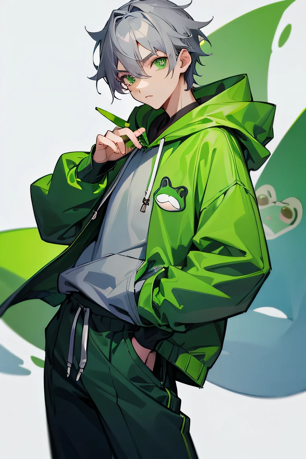 Green Eyes、20th Generation、Cool、male、Green hoodie、Close your mouth, Frog-like motif、Highest quality, Grey Hair, High resolution, Long trousers、