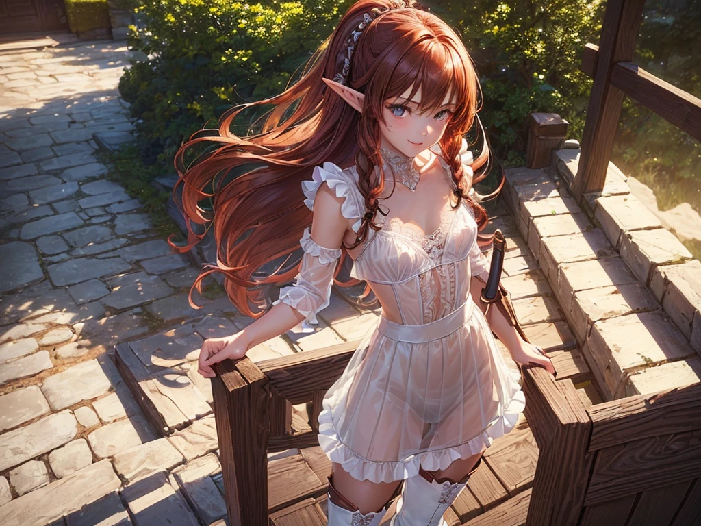 (((top-quality, masterpiece))), (best quality), (detailed), (((one young girl))), (solo girl), (wooden elfe girl), happy, charming, smiling, ((highly detailed beautiful face)), delicate girl, delicate face, ((red hair)), long hair, braids, bleu eyes, dark look, focused, ((small breasts)), nice hips, flat belly, slim waist, define collarbone, (((sofisticated and detailed brown leather clothes))), (((transparent white skirt with frills))), (((lace underwear))), sexy laces top, (deep cleavage), (((long brown leather boots))), (chocker), warrior, adventurer, standing, protecting, bow, sword, guardian, sexy pose, cinematic shadow, sweet forest atmoshpere,