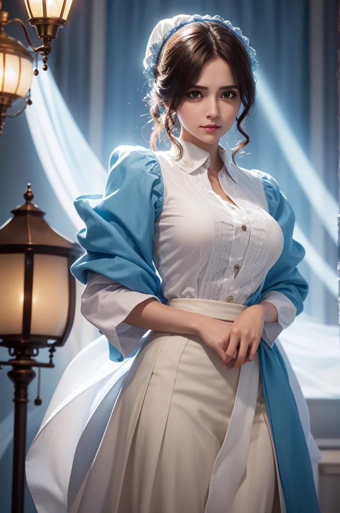 Create a strong character with a lamp head releasing rays high quality 4k Full with a white blouse and blue sleeve 