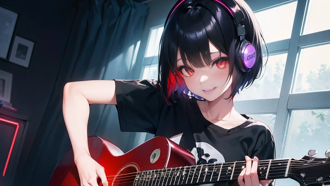 最high quality、Best image quality、masterpiece、girl((Age 25、 By becoming、Best Bust、Mediumバスト、Red glowing eyes,Black Hair、Red Mesh、((Shiny Hair、Shortcuts,Short Hair))Medium、thin,Oversized black t-shirt、smile、Holding the guitar、performance)),high quality、background((In a dark room、Neon Light、purple))Flight、flying debris、Written boundary depth、movie、Visual Arts、Perfect art、8k,Genuine,Headphones