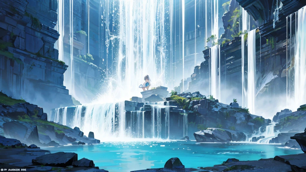 The cascading waterfall plummeted into a crystal-clear pool, creating a mesmerizing display of power and beauty