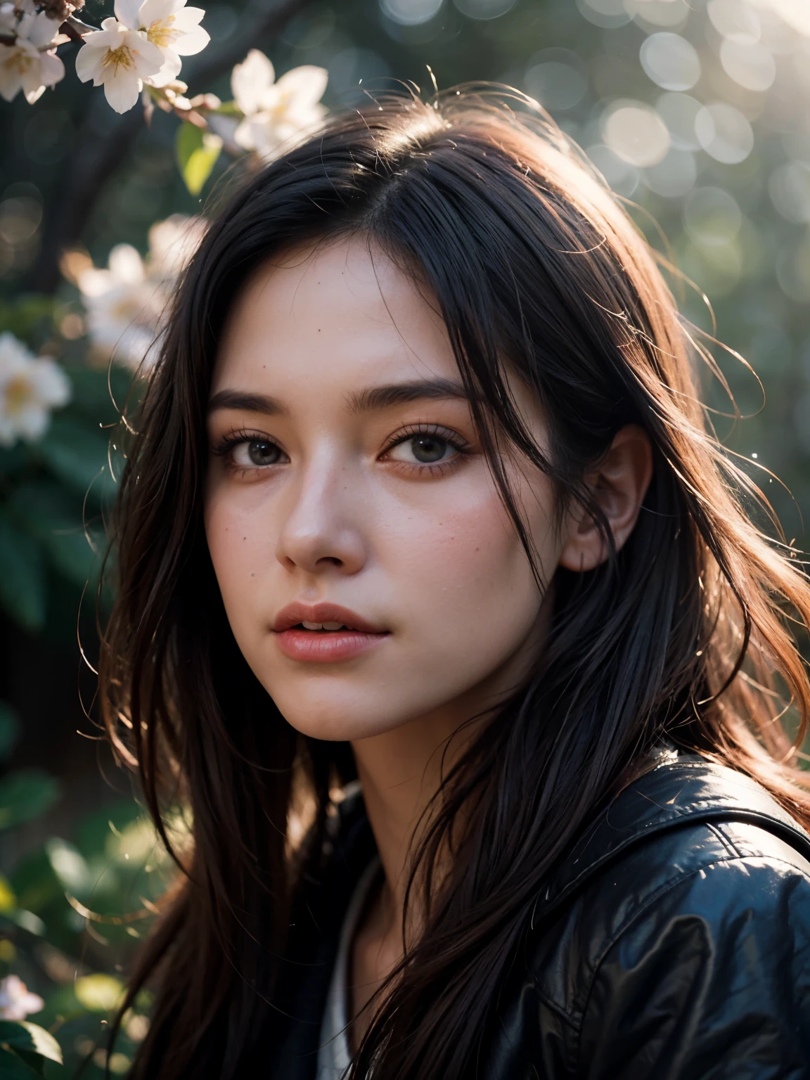 close-up portrait of a cute woman (the gld) , already, (Backlight), realistic, masterpiece, top quality, lens flare, shade, blossom, [[chromatic aberration]], Jeremy Lipking, Antonio J.. Mansanedo, digital painting,