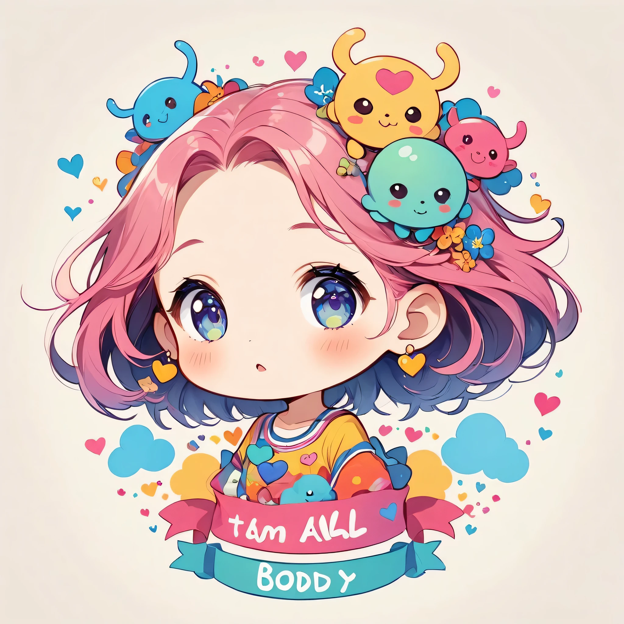 score_9, score_8_up, score_7_up, score_6_up, cute , simple background, full body, small human,chibi body,new emotion,lover,skin tone pink,hair long wavy light pink,eyes pink,dress dark pink,background dark pink