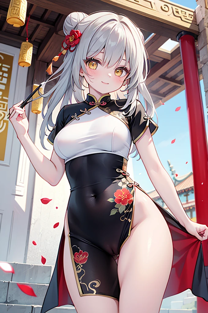 realistic image, coherent image, detailed image, 1 beautiful girl. She has silver hair, long hair. Yellow eyes, long eyelashes. Her face is oval and delicate. Smiling. She wears a red Cheongsam, side slits. She has a curvy body, medium breasts and thick thighs. Chinese temple, flower petals falling around. ambient light, volumetric light,Bun cunt,Pussy crack