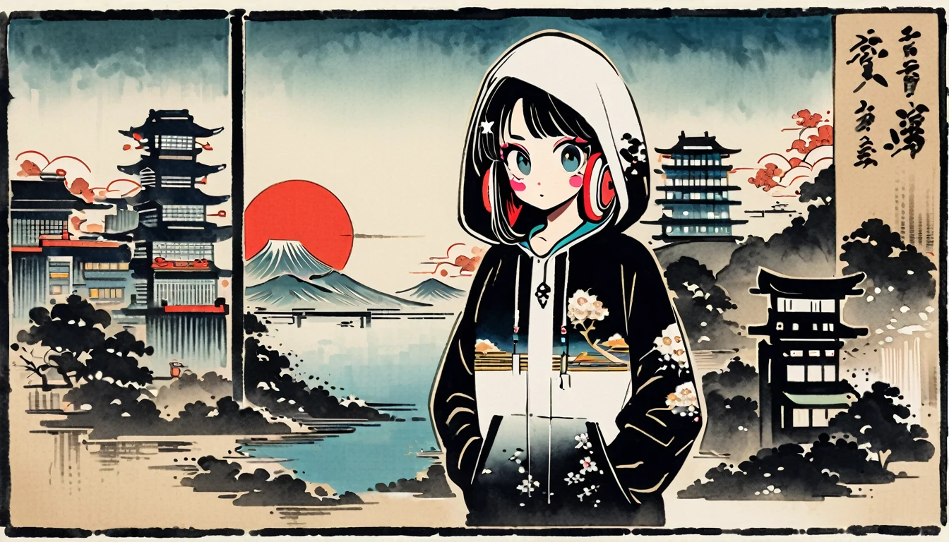 (((Ink Painting))), (((cyber city))), (((1 girl))), (((whole body))), (((Very flashy hair accessories))), (((Very flashy makeup))), Japanese style headphones, Japanese pattern hoodie, Put on the hood, Put your hands in your pockets, Japan人の美女, Black Hair, Delicate and precise, Modern ukiyo-e style,Japan, Droopy eyes, round face