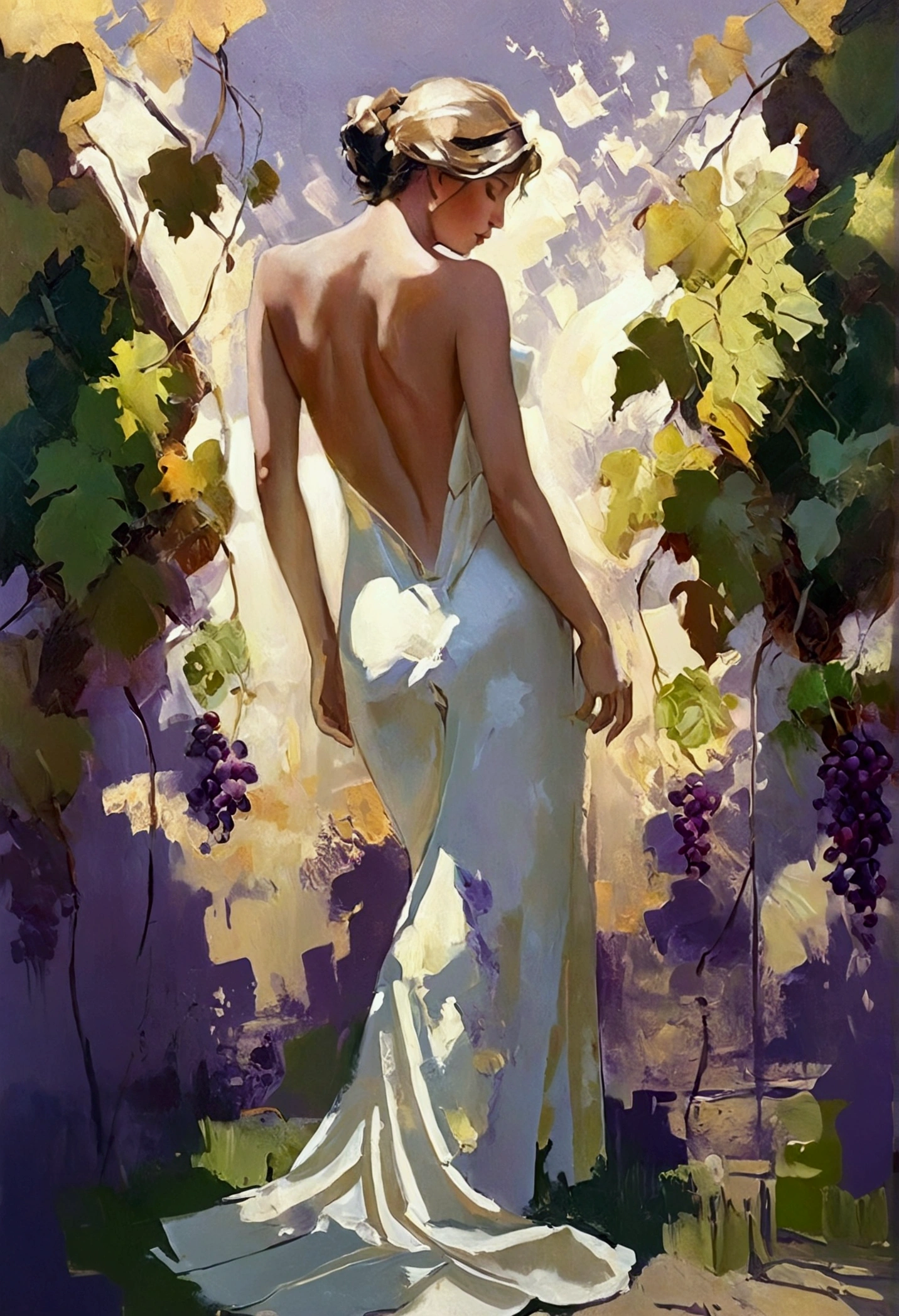 Image of a sensuous figure inspired by classical nudes, portrayed in a lush oil painting style with dynamic, rich strokes and a palpable thickness of paint evoking a sense of movement, set against a beautifully rendered vineyard bathed in golden sunlight. The composition merges historical elegance with contemporary sensuality, emphasizing the graceful curves and form of the body, while the background features sprawling grapevines and soft hills that add depth and warmth, creating an inviting and harmonious atmosphere.