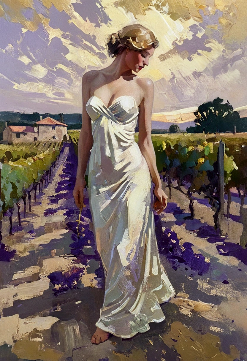 Image of a sensuous figure inspired by classical nudes, portrayed in a lush oil painting style with dynamic, rich strokes and a palpable thickness of paint evoking a sense of movement, set against a beautifully rendered vineyard bathed in golden sunlight. The composition merges historical elegance with contemporary sensuality, emphasizing the graceful curves and form of the body, while the background features sprawling grapevines and soft hills that add depth and warmth, creating an inviting and harmonious atmosphere.