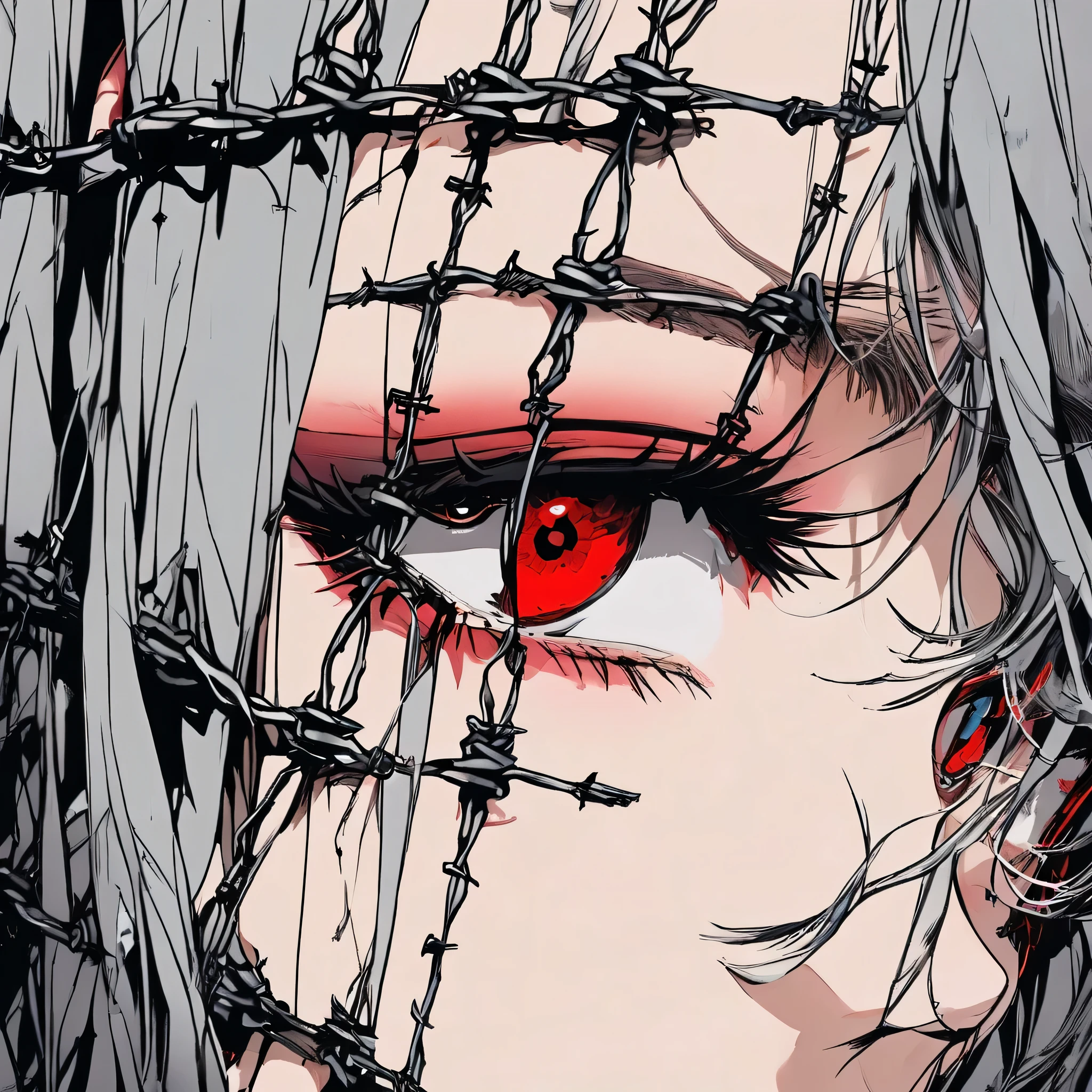 Beautiful young gray-haired girl with piercing red eyes, half smile with full lips, black nails, barbed wire everywhere(rolled black barbed wire)