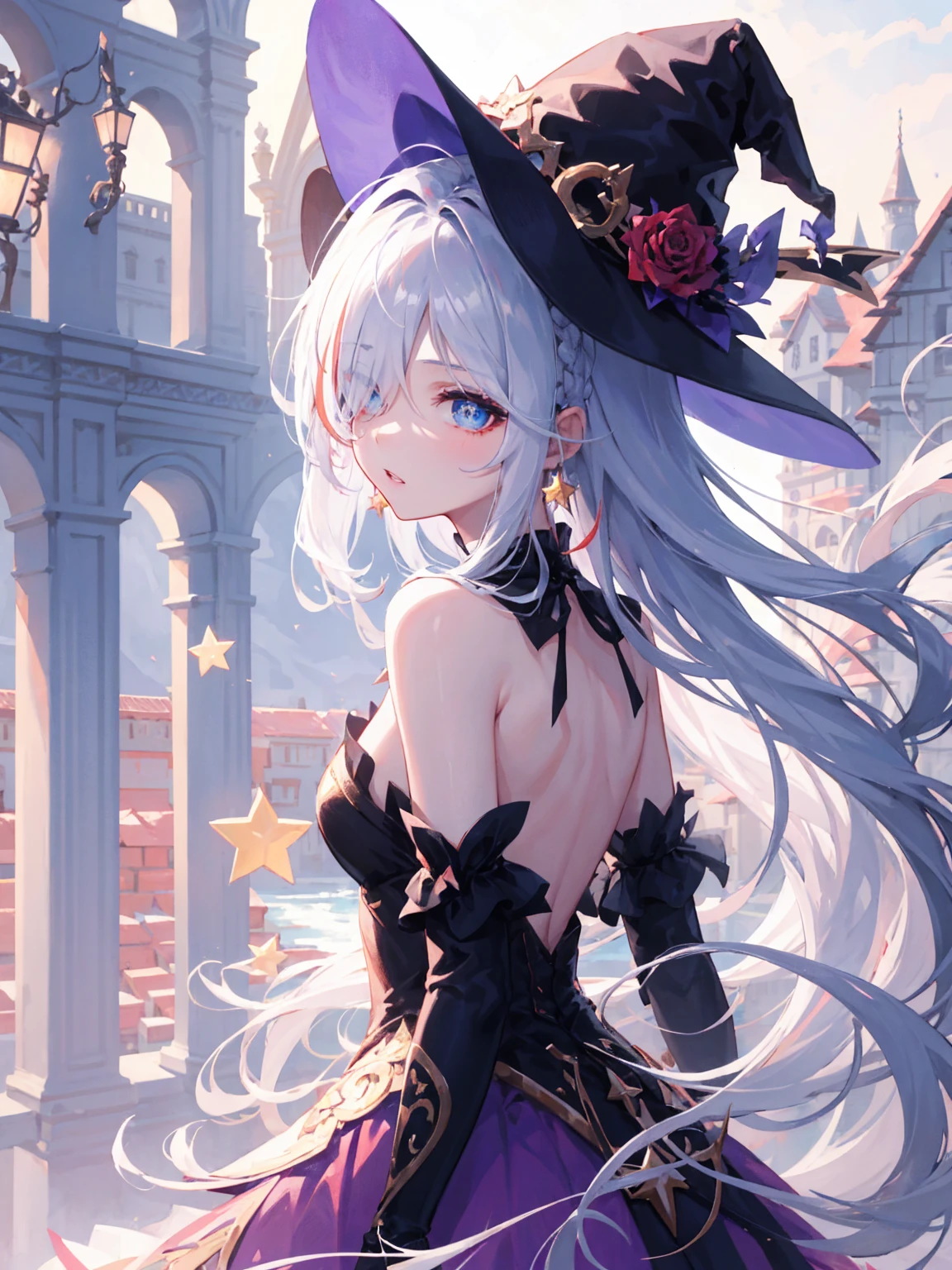 a beautiful girl, perfect face, arms at sides, masterpiece, ultra high res, high quality, 4k, upper body:1.5,  jingliu (honkai star rail), purple witch hat, blue eyes, silver hair, (PureErosFace_V1:0.008), (european:1.6), from side, bare back, perfect shoulder blades, bangs, dress, rose, jewelry, witch, capelet, purple headwear, black gloves, purple flower, hair between eyes, purple rose, parted lips, purple capelet, hat flower, multicolored dress, hair ornament, windmill, detailed iris, sparkle eyes, star in eyes, enchanting blue eyes, (multicolored eyes), (shining dust), (silver hair:1.3), (messy hair:1.3), (hair between eyes), (hair over one eye:1.2), (wavy hair:1.2)