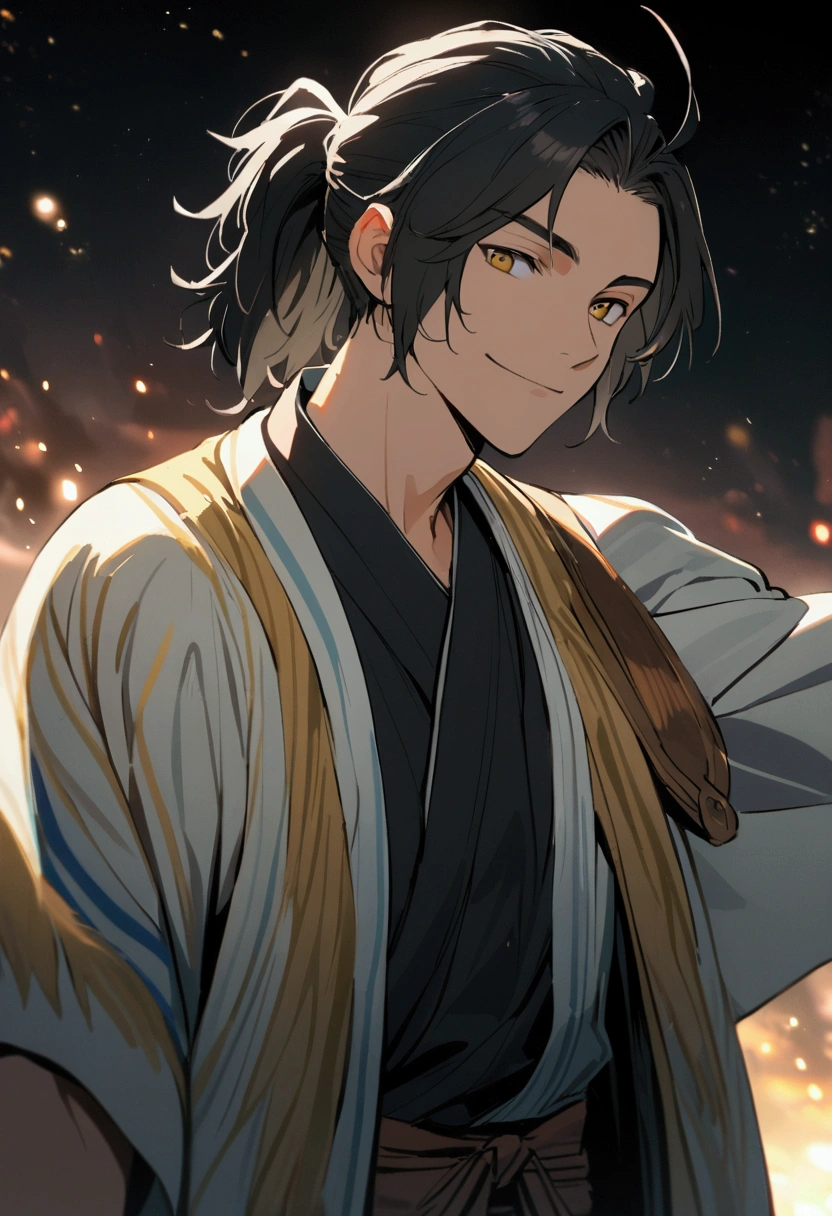 Male, golden eyes, black hair, shaggy hair, short on front hair, ponytail on back hair, confident smile, haori with one sleeve is out.