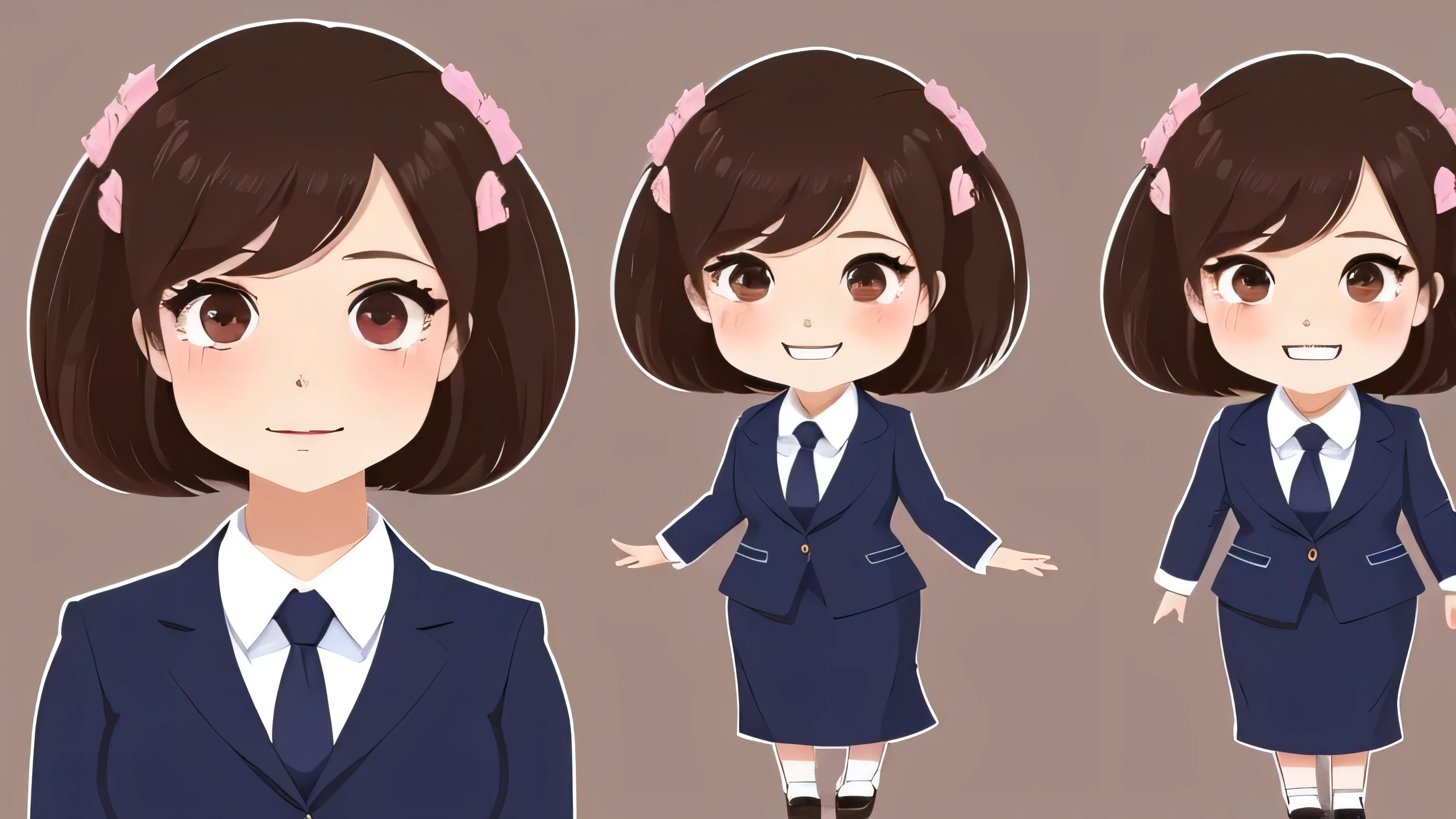 Office lady, chibi style, with a big head and . She has an adorable face with expressive eyes. The illustration has a simple background.