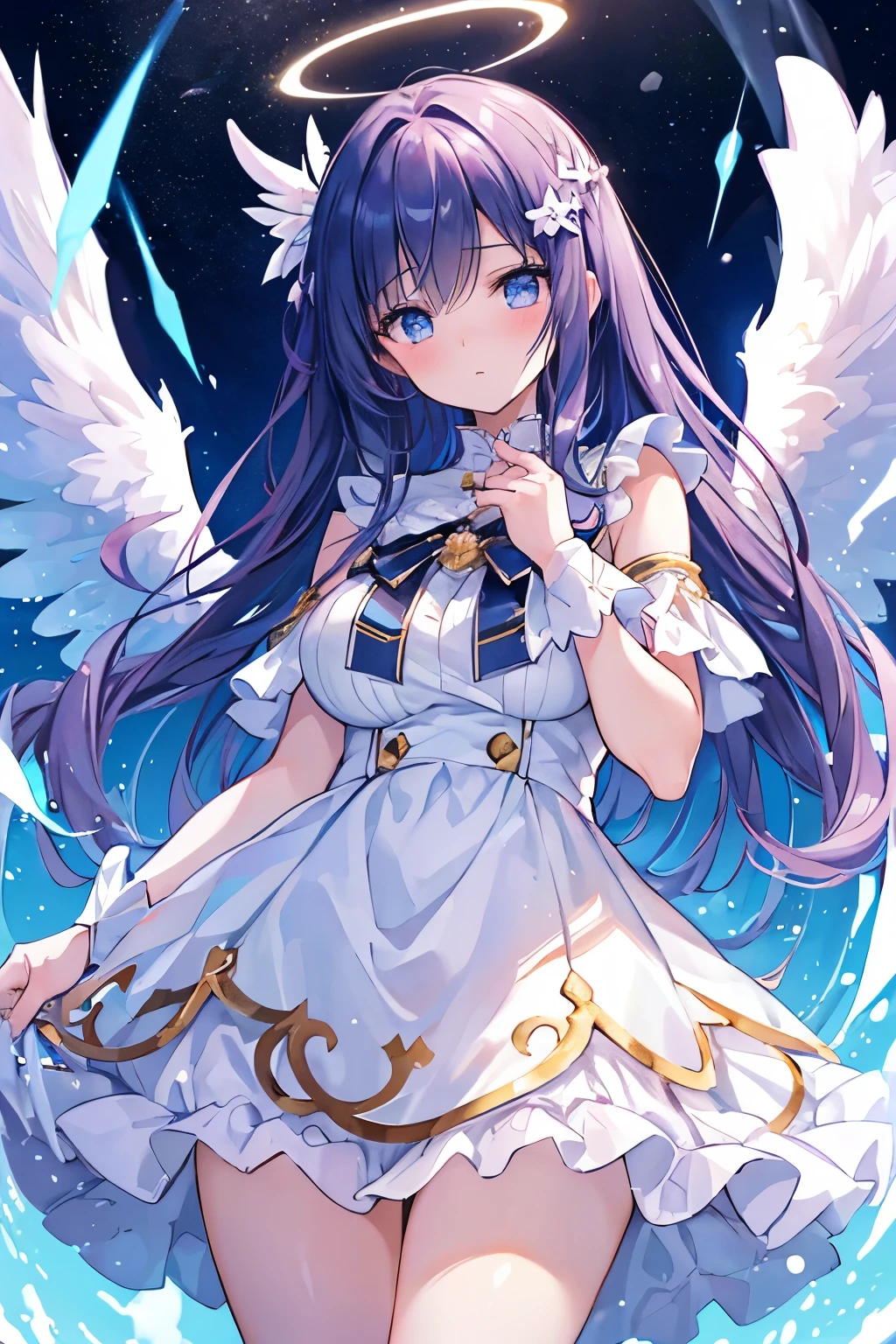 tmasterpiece, (Best quality:1.2), [:Complicated details:0.2], 1 plump girl,  Angelic, the angel's wings, White frills, (Daytime sky), A flashing halo, intense concentration, Burst energy, mystic symbols, scintillation particles,