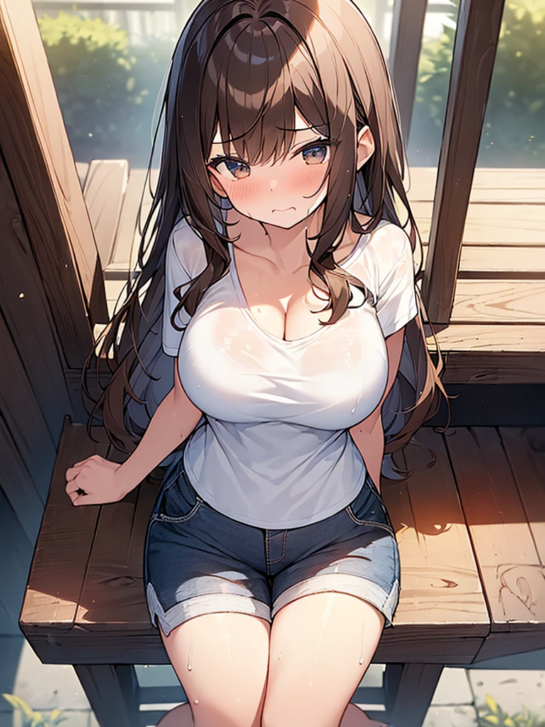 (Masterpiece, Top quality: 1.5) ,(1 girl, solo :1.2),  (large breasts:1.4), cleavage:1.1, (cute short-sleeved t-shirt, Shorts :1.4), standard weight, (brown hair:1.4), (airy hair, wavy hair:1.3), long hair ,asymmetry bangs, swept bangs, , angry:1.2, (flustered:1.4), beautiful scene of station platform, dynamic pose, magnificent panorama view, sitting on the chair, wet:1.1