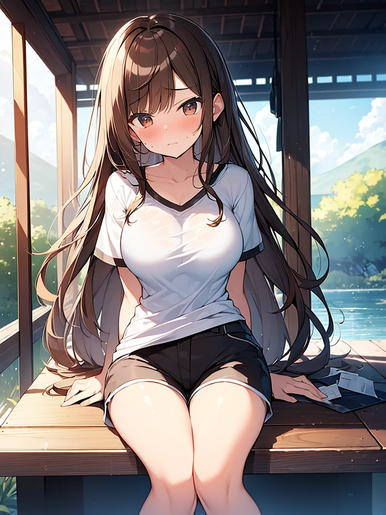 (Masterpiece, Top quality: 1.5) ,(1 girl, solo :1.2),  (large breasts:1.4), cleavage:1.1, (cute short-sleeved t-shirt, Shorts :1.4), standard weight, (brown hair:1.4), (airy hair, wavy hair:1.3), long hair ,asymmetry bangs, swept bangs, 12 year old, angry:1.2, (flustered:1.4), beautiful scene of station platform, dynamic pose, magnificent panorama view, sitting on the chair, wet:1.1
