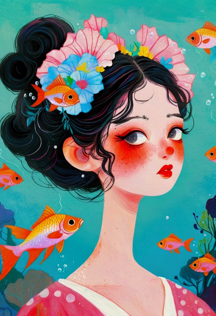 Pastel Art Illustration：A painting of a woman with fish in her hair,Bubbles， Jin Nong&#39;s Surrealism, Winner of the Behance competition, Pop surrealism, Color illustrations, A beautiful artistic illustration, Colorfull illustration, Pop surrealism art style, Digital illustration style, Fantasy illustrations, Illustration Art, Magical surrealism, Digital fantasy illustration, Pop surrealism lowbrow art style