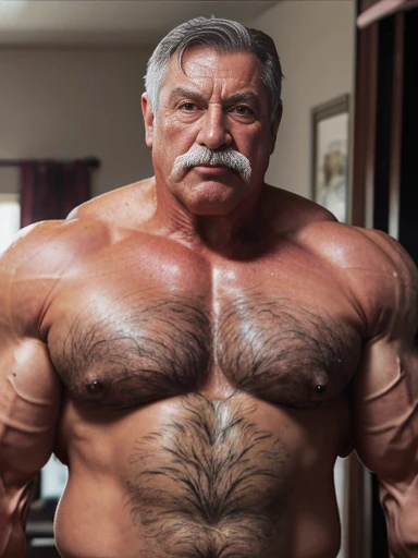 Hyperrealistic image of a superhero long-distance runner man, very old and very sweaty, gray-haired bodybuilder over 80 years old, very muscular and fat More than 200 kilos with a naked torso, large and flaccid pectorals, huge brown nipples and large gray mustaches with huge arms tattooed on NY's central park dressed in jean shorts