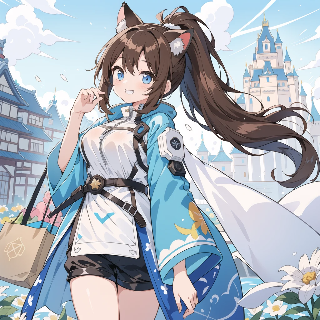 (masterpiece, Highest quality, Highest quality, Official Art, beautifully、aesthetic:1.2),Very detailedな,Intricate details,Great illustrations,Award-winning art,Atmospheric,
break,
, 美しい少女1people, (17-year-old girl),一peopleで,(cute:1.5),(Little:0.6),(cute:1.5),(upon:0.5),break,美しい少女1people, (17-year-old girl), Very detailed, colorful, Best details, break, (Huge breasts: 1. 2), Beautiful Skin, Beautiful Skin, Shy skin, 美しい少女1people, (Brown Hair:1.75), (Cat ear, ponytail, Medium Long Hair: 1. 2), (Bright Blue Eyes, Long eyelashes, isouble eyelids: 1. 2),一peopleで,Glowing Skin, Beautiful Skin, Beautiful Skin,(Highest quality face),(Highest qualityの輝く目),(The best smile,:is:1.45), Red nose, sleepy, Grin, Open your mouth,
break, (White Theme:1.4), (Techwear:1.6), Oversized white food court, (Blue Line:1.3), Long sleeve, (Large blue front zipper:1.2), Technical logo print, break,(white nylon shorts with Blue Line) , (White knee-high socks), (White and blue high heel tech sneakers), break, animal ears knit hat
break,break,(evening),walk, (Fantasy,castle and town:1.5),(Japanese Castle Town,Beautiful building:1.3),(people々Way of Life),(Flowers, wood, nature:1.3),romantic,(Shopping Street,Open-air business:1.2),(blue sky), waterfall,Depth of written boundary,
break,Wakame seaweed,Wakame seaweed,Wakame seaweed,(Cowboy Shot:1.4),
break,(Blurred Background:1.3),(Absurd, High resolution, Super isetail Art),Cel Shading,Clear Color, Optical Effects, beautiful photo, Bright glow, Mysterious atmosphere,(Close-up of a girl:1.1), Mysterious light particle effect,Manga influence, Beautiful line drawing,