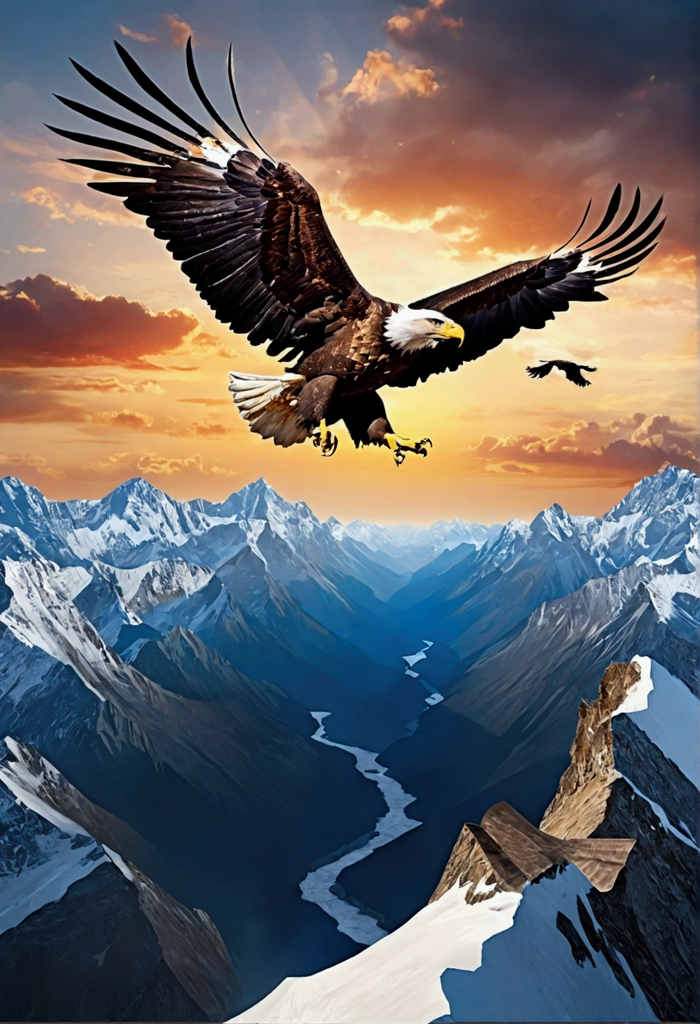 (((Create a mighty eagle masterpiece.))) Fly gracefully in the sky, (((Majestic wings are moving.))), Contrast this with the dramatic background of the horizon., Rising from the top of Mount Everest.