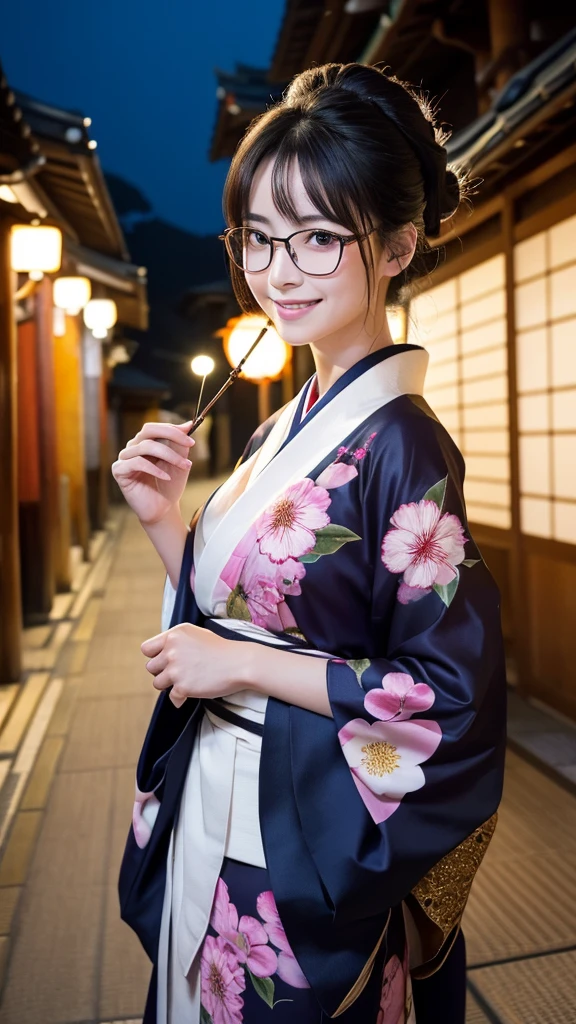 (Super beautiful woman in kimono)、((highest quality、8K masterpiece:1.3))、sharp focus:1.2、(super beautiful face:1.0)、(shiny skin:1.0)、realistic pictures、black hair、video lighting、High resolution eyes and face、video lighting、japanese actress、from the front、big breasts、with a happy smile、Slender abs beauty、whole body、wearing a kimono、in Kyoto、(((luxury obi)))、In Kyoto at night、wearing glasses with no edge、with a fan、Fireworks Display