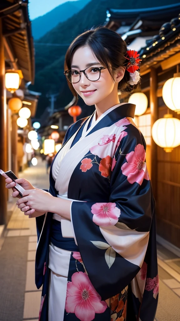 (Super beautiful woman in kimono)、((highest quality、8K masterpiece:1.3))、sharp focus:1.2、(super beautiful face:1.0)、(shiny skin:1.0)、realistic pictures、black hair、video lighting、High resolution eyes and face、video lighting、japanese actress、from the front、big breasts、with a happy smile、Slender abs beauty、whole body、wearing a kimono、in Kyoto、(((luxury obi)))、In Kyoto at night、wearing glasses with no edge、with a fan、Fireworks Display