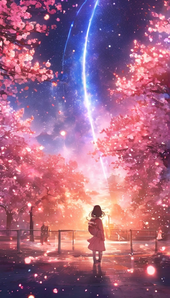 masterpiece, Concept Art, Panorama, in the center, shape, Wide Shot, garden, night, (meteor), Space galaxy background, (Great composition, Epic scale), Dynamic Lighting, Bright colors, cherry blossoms,1 girl,Parks in Tokyo