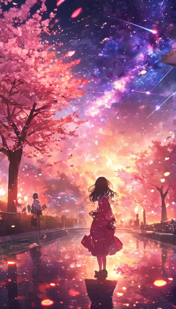 masterpiece, Concept Art, Panorama, in the center, shape, Wide Shot, garden, night, (meteor), Space galaxy background, (Great composition, Epic scale), Dynamic Lighting, Bright colors, cherry blossoms,1 girl,Parks in Tokyo