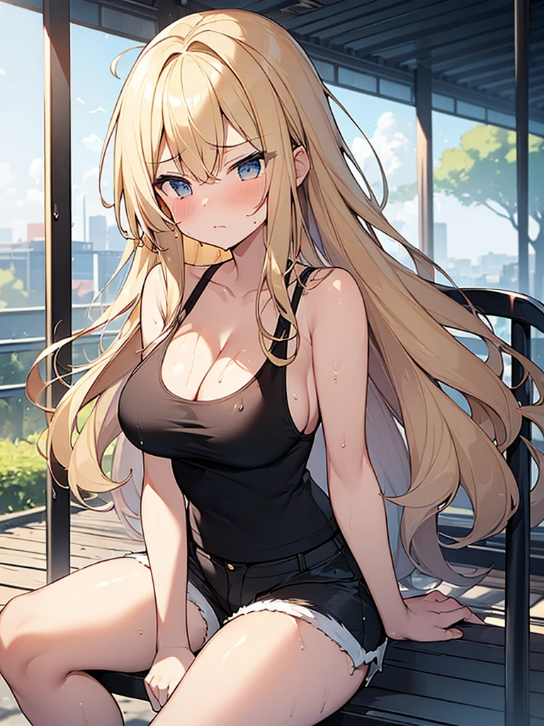 (Masterpiece, Top quality: 1.5) ,(1 girl, solo :1.2), (large breasts:1.4), (cleavage:1.1), (black tank top, Shorts :1.4), standard weight, (blond hair:1.4), (airy hair, wavy hair:1.3), long hair ,asymmetry bangs, swept bangs, junior high school student, angry:1.2, (flustered:1.4), beautiful scene of station platform, dynamic pose, magnificent panorama view, sitting on the chair, wet:1.1