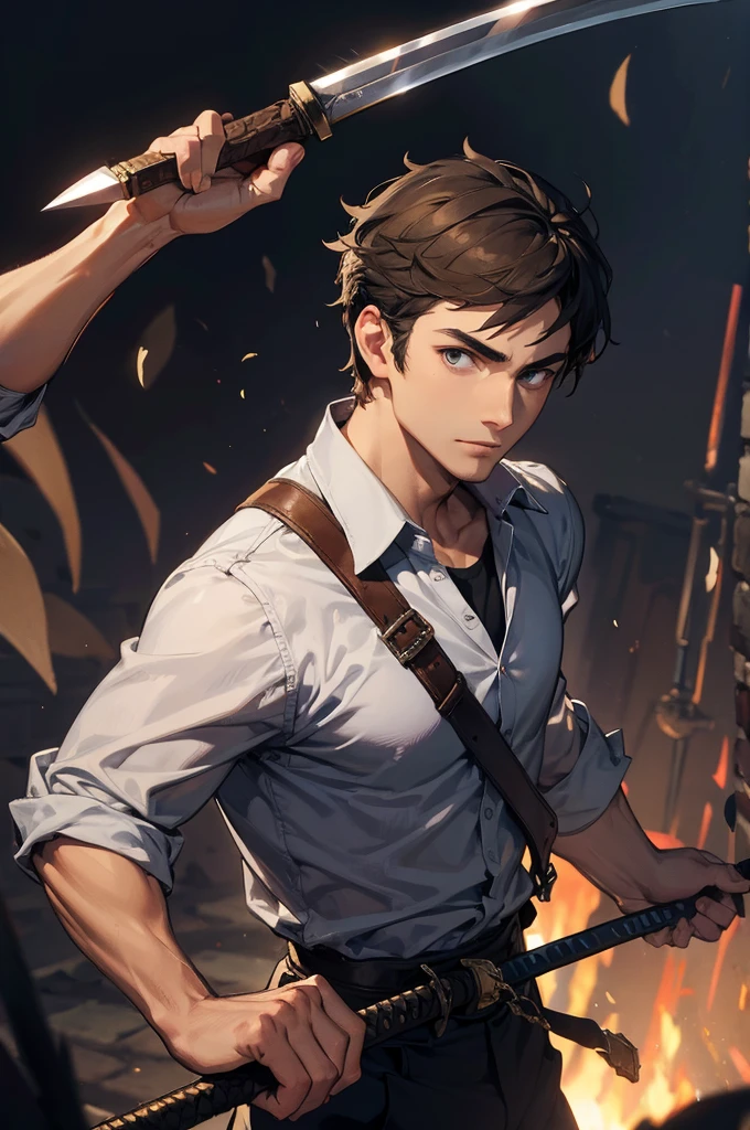 Man holding a sword in front of his face