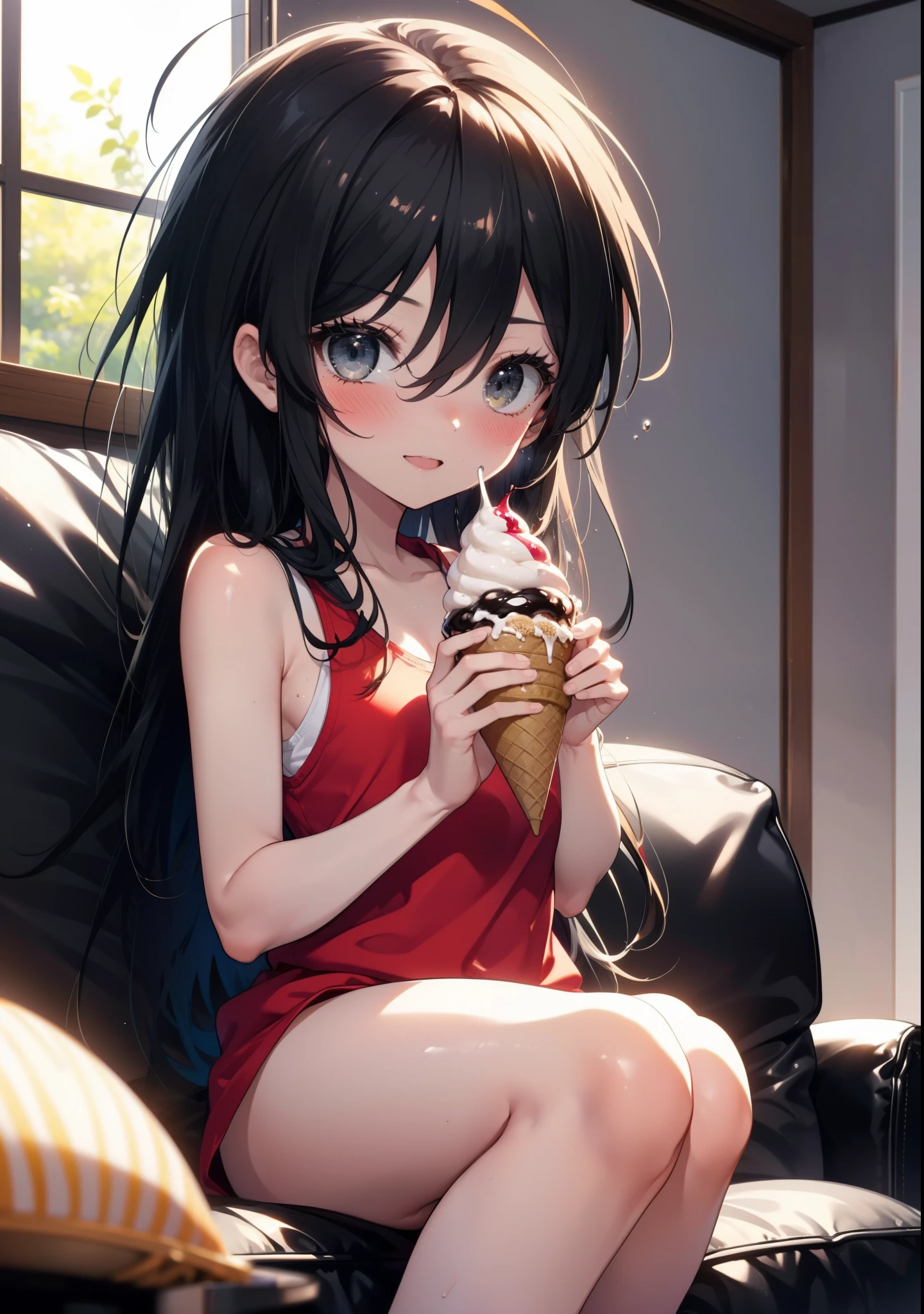 Shana,灼眼のShana,Long Hair, Black Hair, Black eyes, Ahoge,smile,blush,Open your mouth,Red Tank Top,Black string underwear,barefoot,Holding ice cream in both hands,Sitting on the sofa,Daytime,Clear skies,whole bodyがイラストに入るように,　　　　　　　　　　　　　　break indoors, room, 　　　　　　　　　　　　　break looking at viewer, whole body, 　　　　　　　　break (masterpiece:1.2), Highest quality, High resolution, unity 8k wallpaper, (shape:0.8), (Beautiful attention to detail:1.6), Highly detailed face, Perfect lighting, Extremely detailed CG, (Perfect hands, Perfect Anatomy),