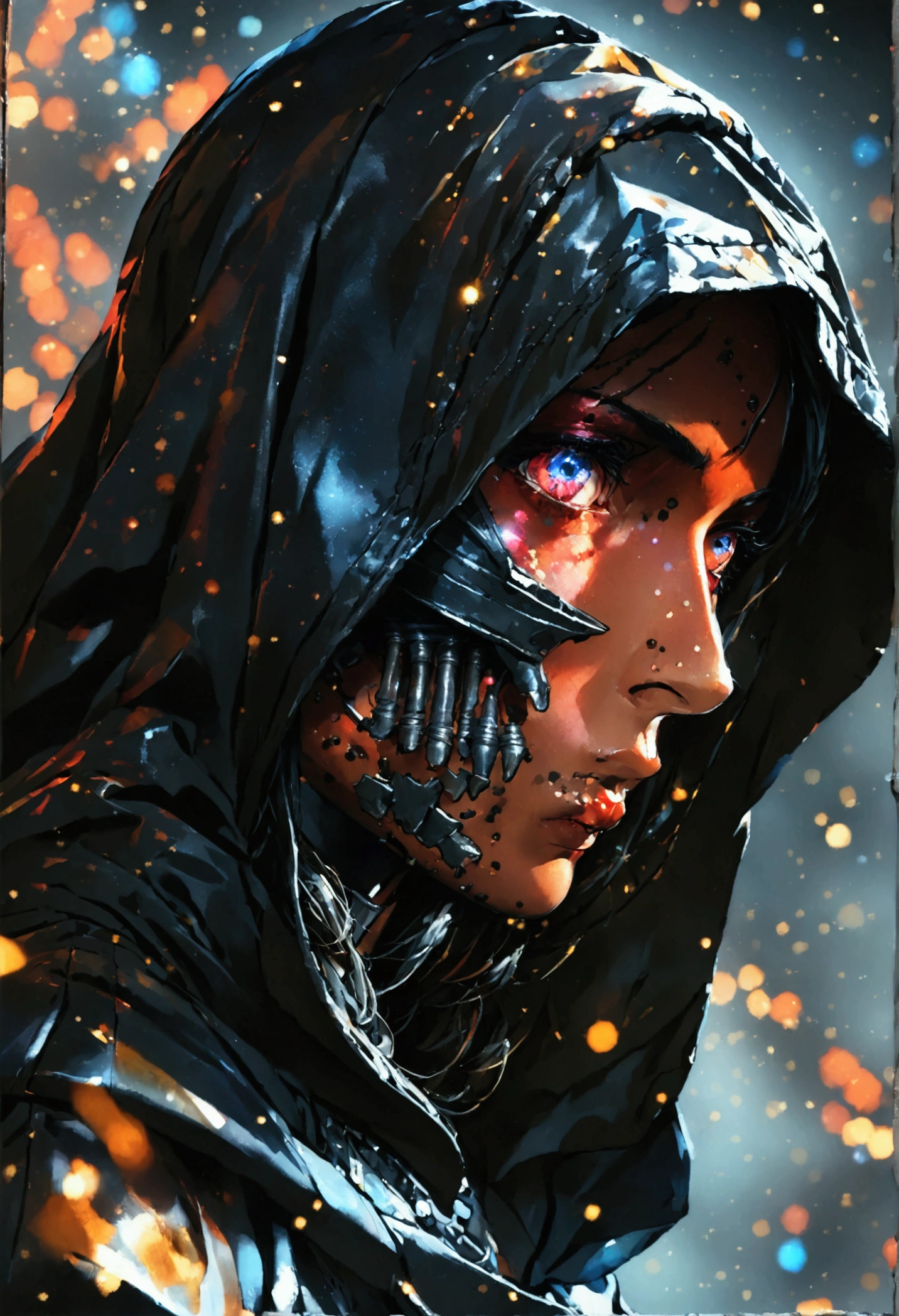 side view, only face portrait, macro, a warrior portrait in wasteland, wearing hood and carring a sythe anime manga comic style, scarface red skin with light and glitter, wearing long hood with black dark skull face , cosmos eyes, highly detailed hood (vectorized) detailed, image is compelling with dynamic composition and dark posing. void cosmic body, (((dark background))), (((lights off))), (((hollywood dark))), horror, dramatic shadows, (in a dark fantasy space:1.3, glitter, sparkle, gleam) vector digital illustration, (black background:1.5)sharp