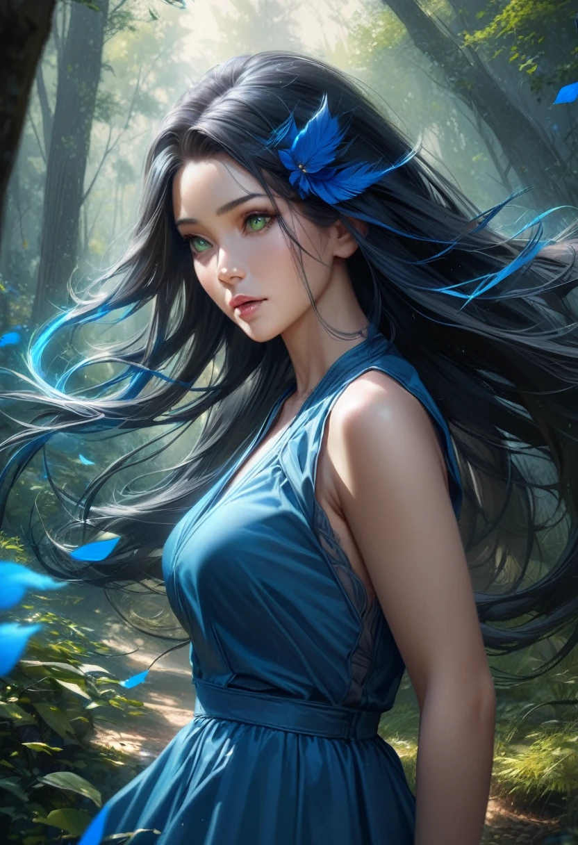 girl, black hair, long hair, green eyes, ,blue hair ornament pretty, blue dress, romantic space,beautiful eyes, sharp skin, mature, hair flying in the wind, highest quality, forest, blue aura, beautiful color, ultra high detail, realistic, 8K
