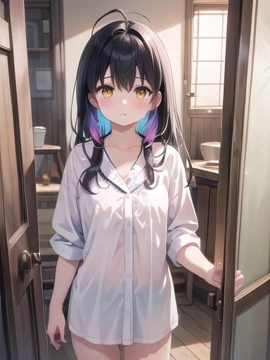 (masterpiece:1.2, 最high quality:1.1, High resolution,Absurd, high quality),(Realistic:1.1),reflected light, colorful,Very detailed, Ultra HD, Very detailed,
Yotsuya Miko, Open door, Nightwear,  Messy Hair, Black Hair, Yellow Eyes,( Open door):1.4, Home,  (sleepy), corridor, Antenna Hair, Cowboy Shot, One girl, Focus Only, 
 