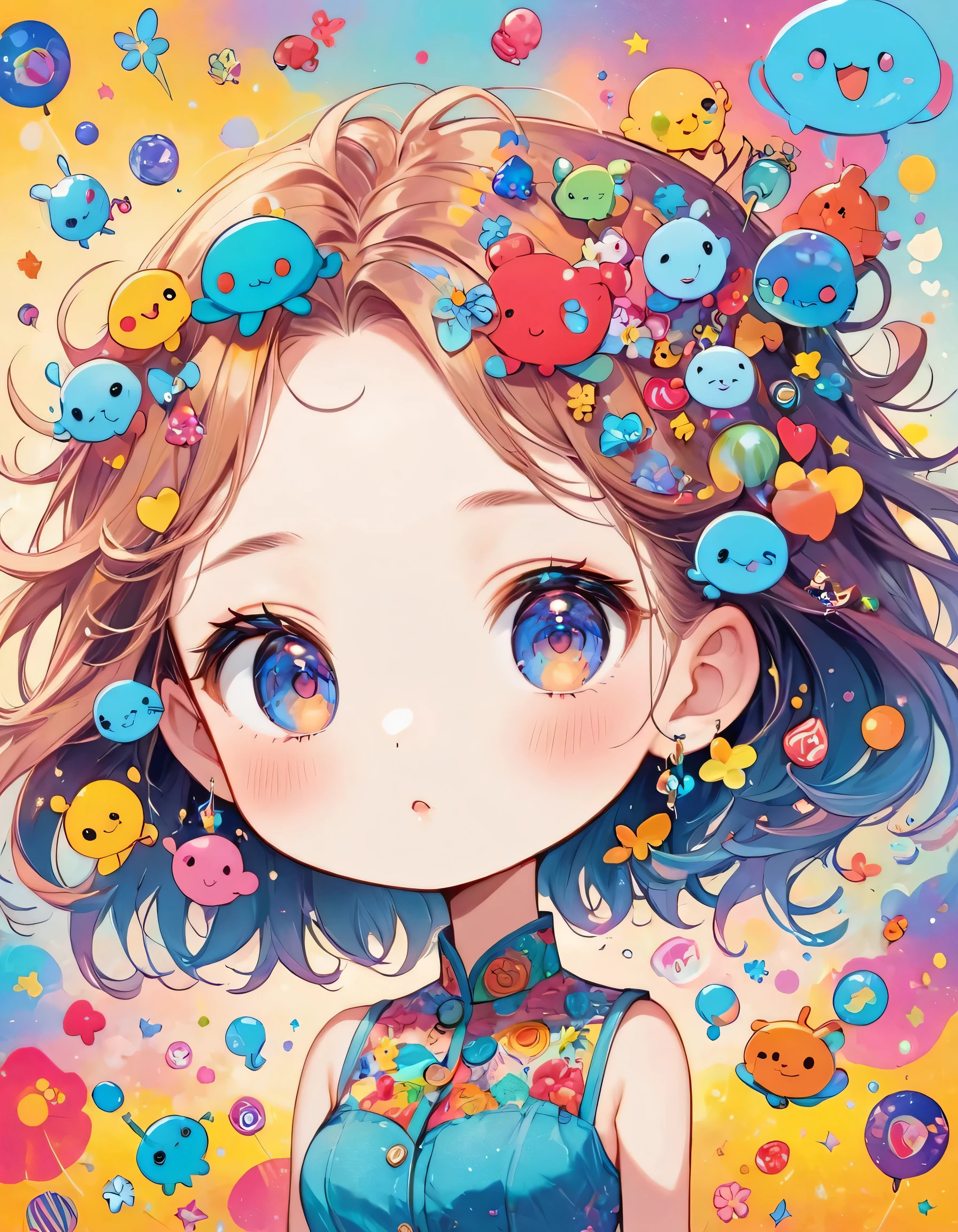 Takashi Murakami colorfull style, Simple Line Initialism,Abstract art,(((The most beautiful girl of all time))), (((chibi))), Sweet face. colorful hearts, funny design, (((bosom buddy ))), (((Cute Aliens))), The background is space