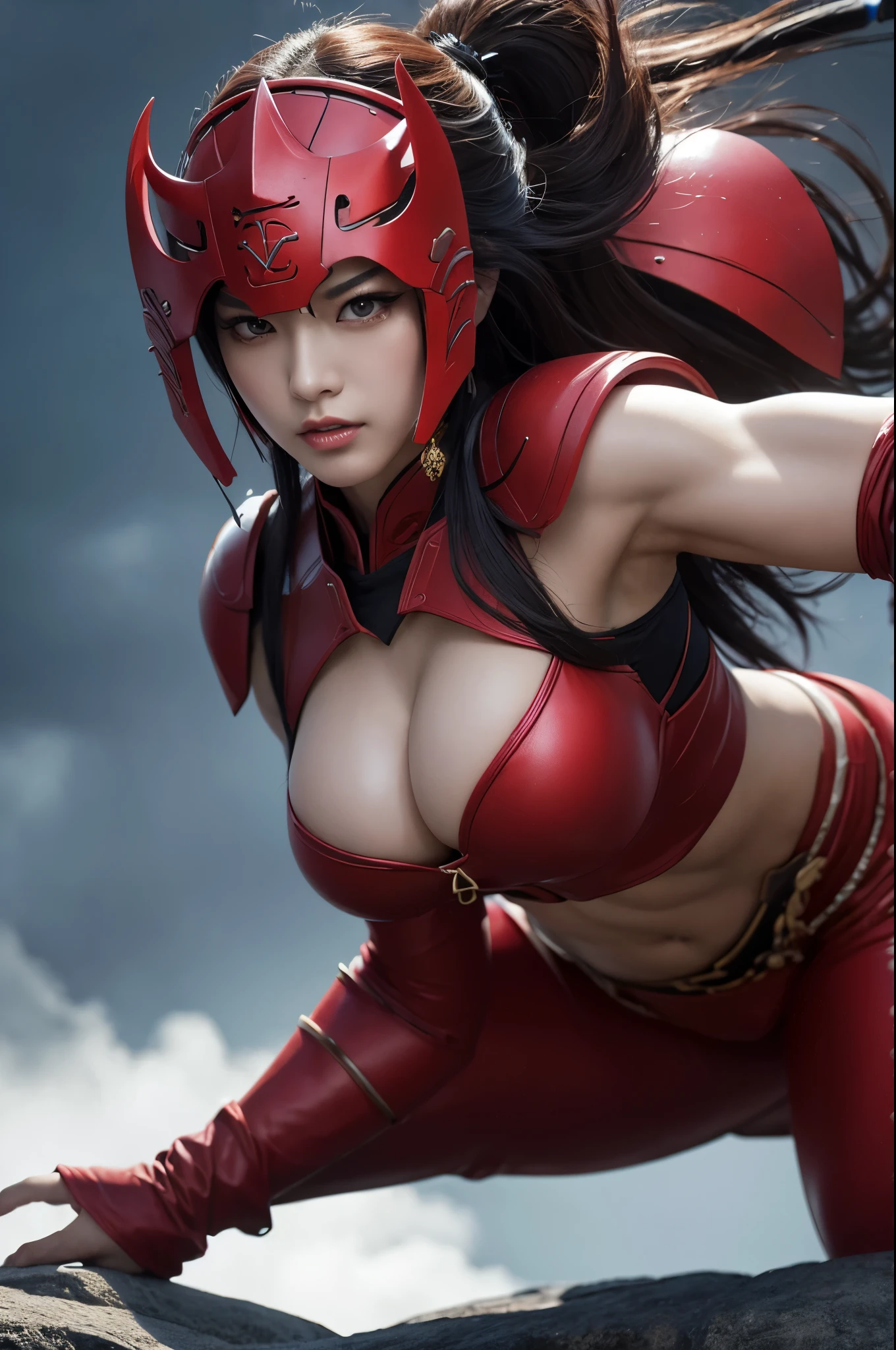 8k,(Samurai)、Devil Mask、Super Beauty(Like the real thing)、Red Armor Solo Adult Devil Woman、Muscular macho body type,Super Muscular Beauty,Bodybuilding,(Equipped with a long and large spear)、Mature Woman Big Woman Devil。Sturdy jaw(Like the real thing),Stand facing forward,Demon Armor,A wonderful work of art,((Kyoto Panel Style))、Wind effects:1.9、Cloud effect:1.2、Full Rendering,Devil makeup,masterpiece,Photorealistic RAW photos of the highest quality。Bright colors,Rich colors, Backlight, Cinema Lighting, Film Grain, 50mm lens, Nikon D850,Ultra-Realistic Skin,Fantasy art,Character Art,Ultra-high resolution,Realistic scale skins,Perfect hand shape,View your viewers,View your viewers,Top-down view,close,Uplifting,Dynamic fighting pose,Sexy chest,Cleavage close-up,On all fours,Shaking breasts,