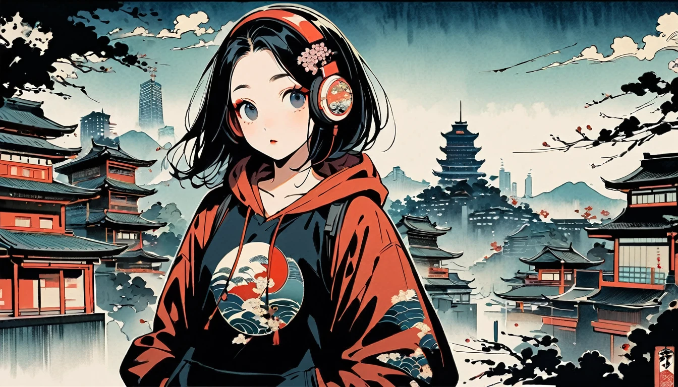 (((Ink Painting))), (((cyber city))), (((1 girl))), (((whole body))), (((Very flashy hair accessories))), (((Very flashy makeup))), Japanese style headphones, Japanese pattern hoodie, Put on the hood, Put your hands in your pockets, Japan人の美女, Black Hair, Delicate and precise, Modern ukiyo-e style,Japan, Droopy eyes, round face