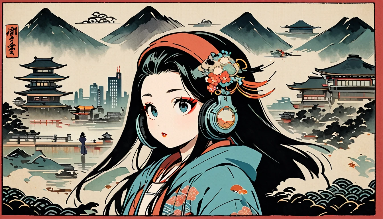 (((Ink Painting))), (((cyber city))), (((1 girl))), (((whole body))), (((Very flashy hair accessories))), (((Very flashy makeup))), Japanese style headphones, Japanese pattern hoodie, Put on the hood, Put your hands in your pockets, Japan人の美女, Black Hair, Delicate and precise, Modern ukiyo-e style,Japan, Droopy eyes, round face