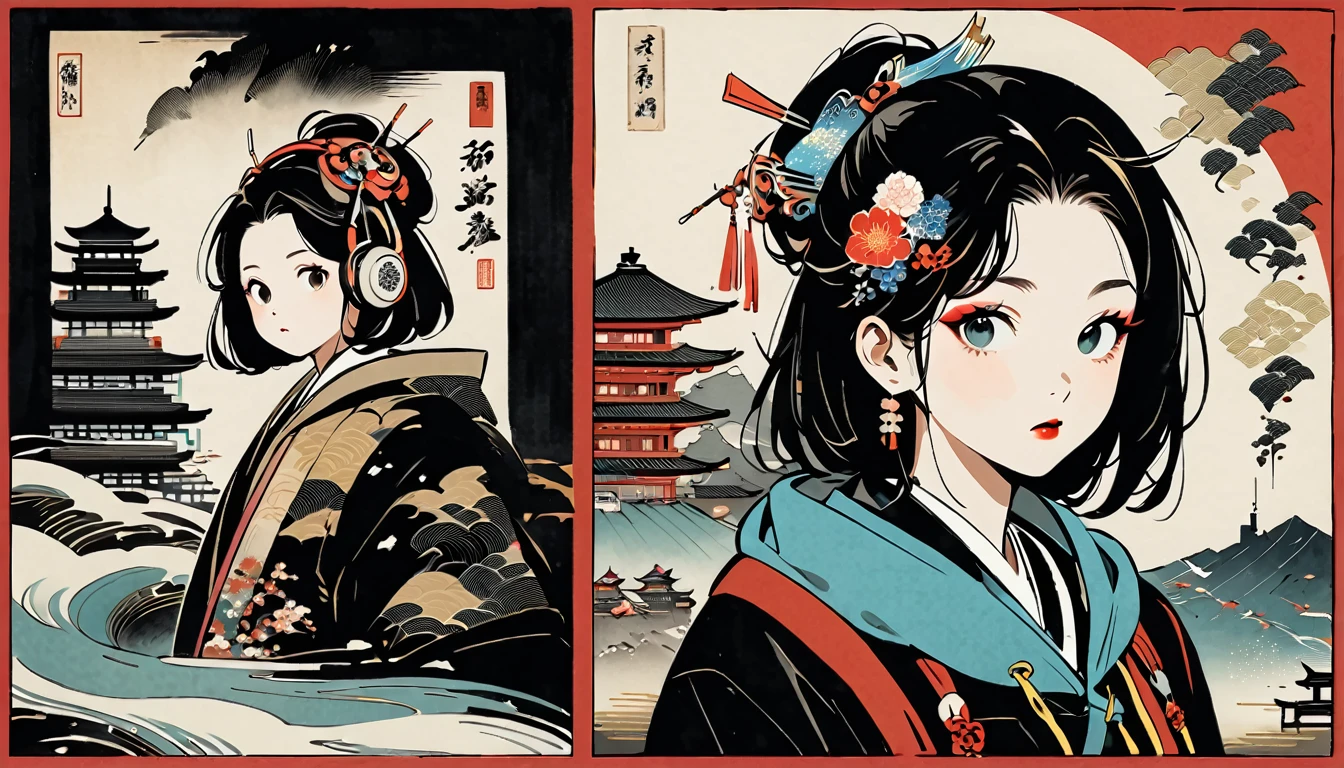 (((Ink Painting))), (((cyber city))), (((1 girl))), (((whole body))), (((Very flashy hair accessories))), (((Very flashy makeup))), Japanese style headphones, Japanese pattern hoodie, Put on the hood, Put your hands in your pockets, Japan人の美女, Black Hair, Delicate and precise, Modern ukiyo-e style,Japan, Droopy eyes, round face