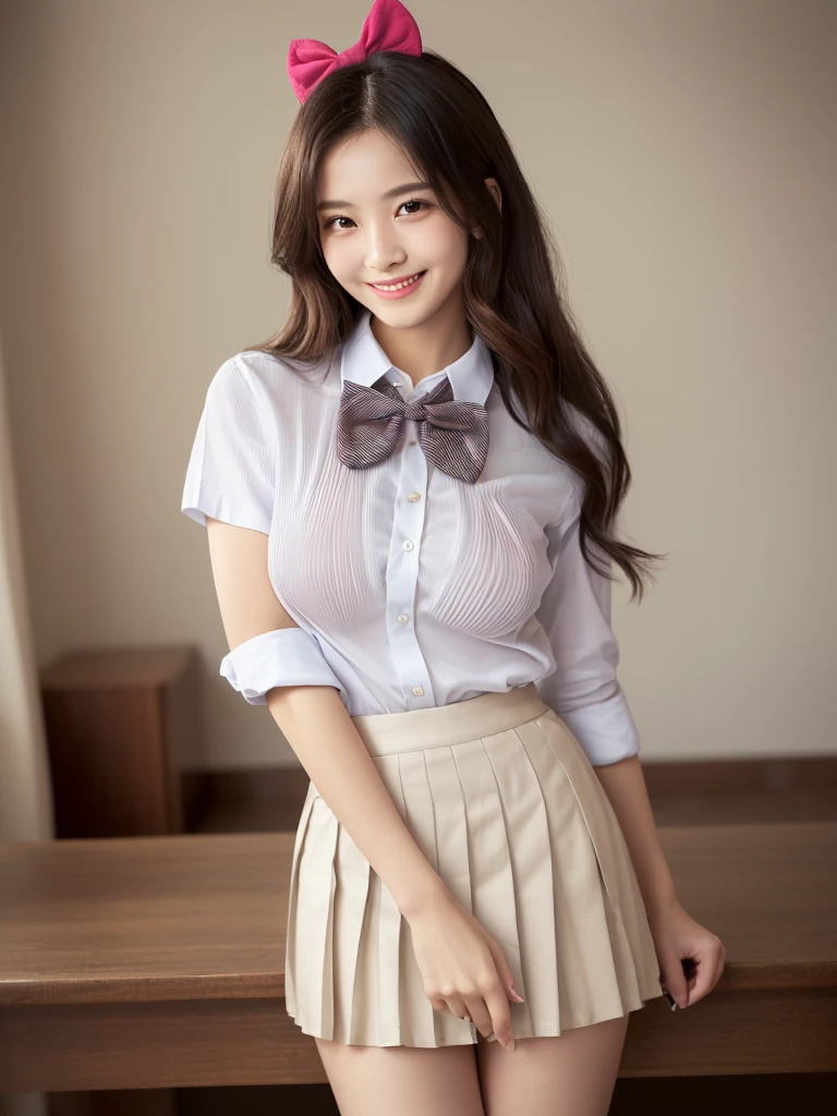 ((masterpiece))、((Highest quality))、photograph、reality、High resolution、Advanced Depth of Field、become close、Realistic lighting、Delicate facial features、Realistic Background、(The whole body is shown:1.2)、(Looking at me with a smile:1.3)、(Big Breasts:1.2)、(Erect nipples:1.2)、(Slender:1.5)、(Thin and beautiful legs:1.5)、(Narrow waist:1.5)、(The background is an empty room:1.2)、(Looking at me with a smile:1.5)、(Three Girls:1.5)、(They look friendly in the photo.:1.5)、(Tight business shirt:1.5)、(Short pleated skirt:1.5)、(A bow tie:1.5)